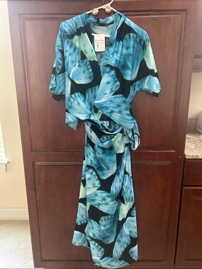 Ina Blue and Black Butterfly Wrap Dress